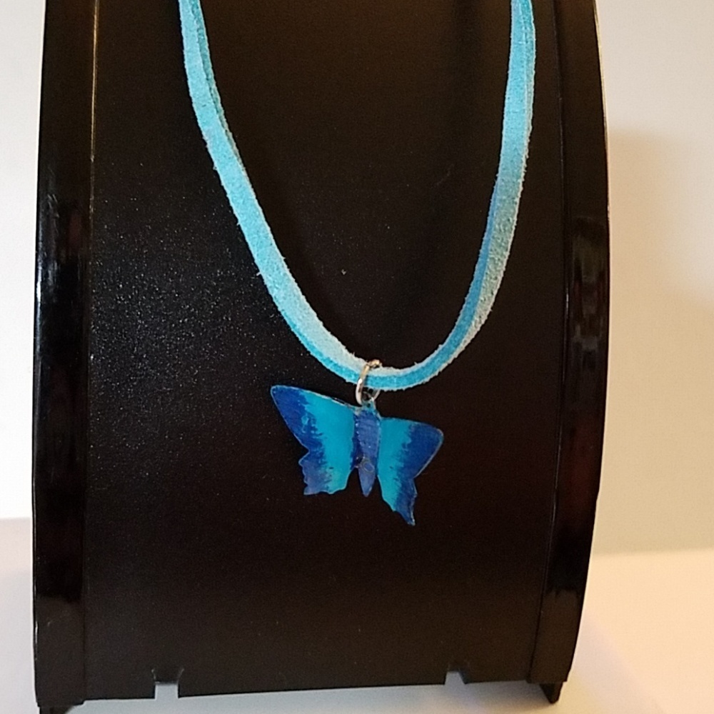 Vegan Suede Necklace 18" Blue Butterfly